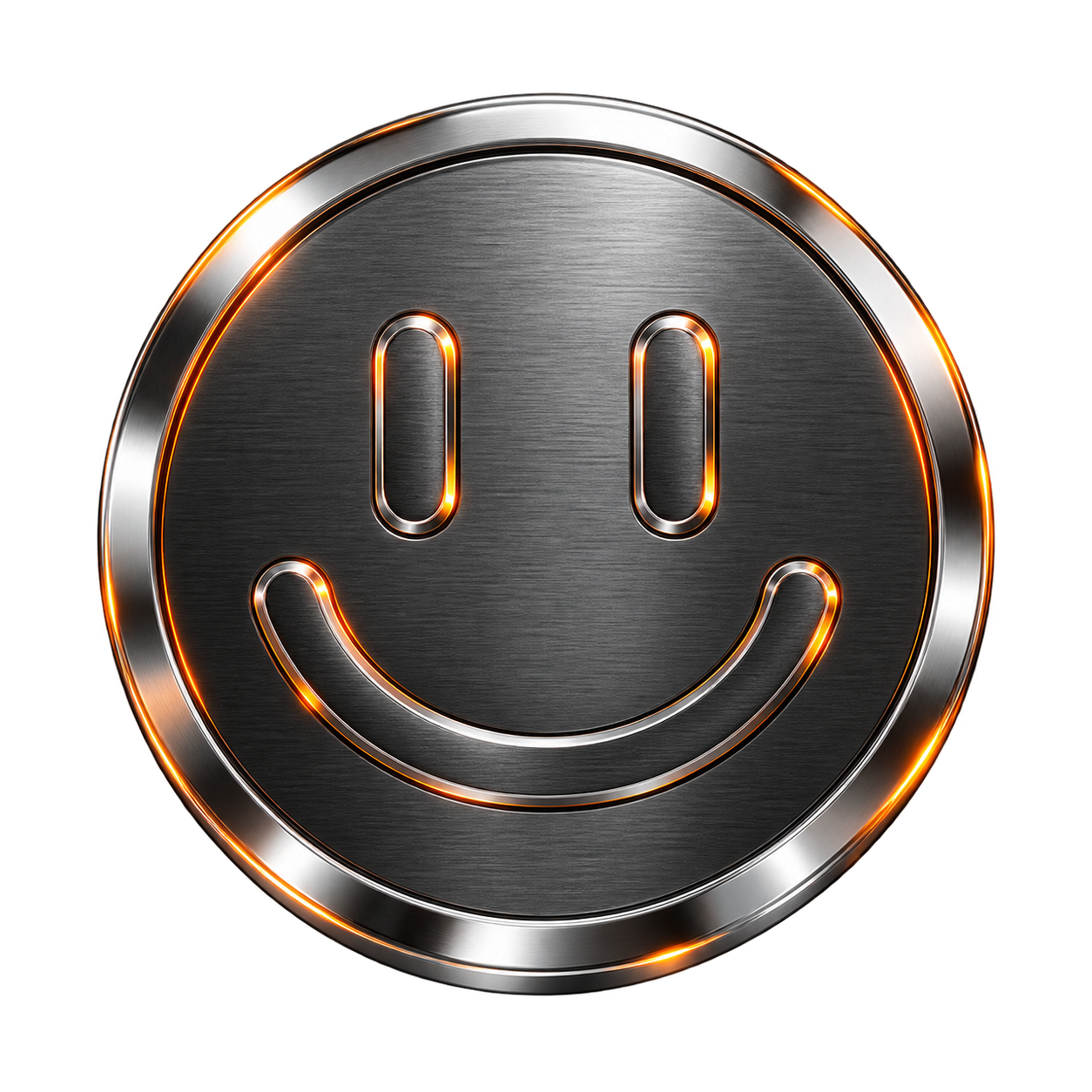 Brushed metal smiley-face medallion with orange highlights